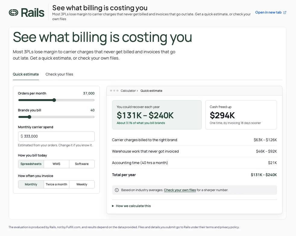 The Rails billing calculator in the Fulfill 3PL portal, on Quick estimate. The inputs are orders per month, brands billed, monthly carrier spend, how you bill today, and how often you invoice. The results cover carrier charges, warehouse work that never got invoiced, accounting time, and cash freed up by invoicing sooner. Check your files is the other tab.